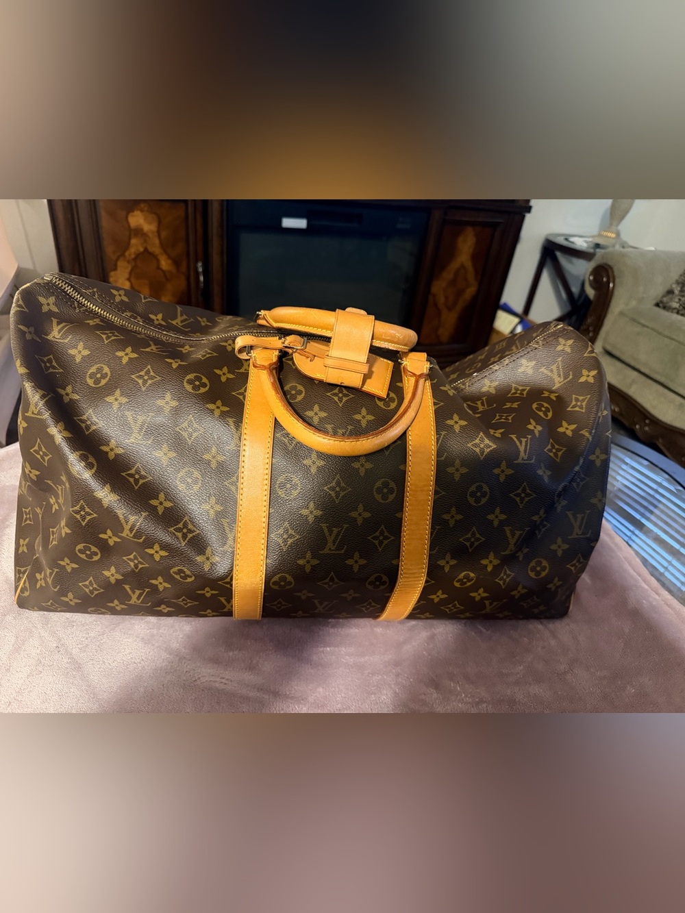 Louis Vuitton  Monogram Keepall Travel Duffle Bag 55 with luggage tag & poignant